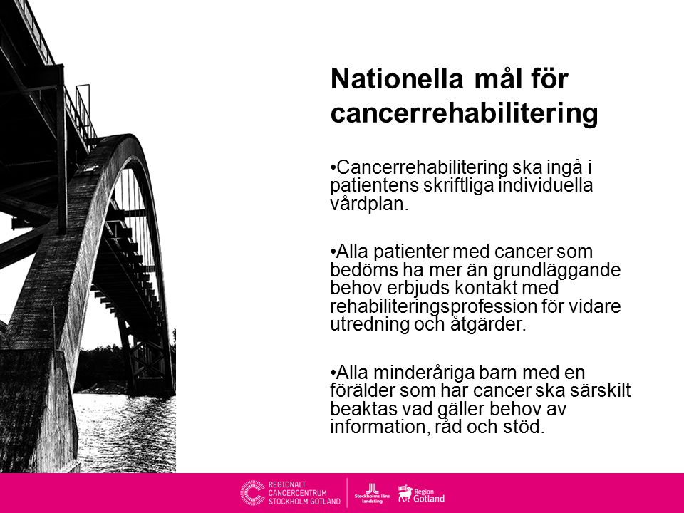Nationella mål för cancerrehabilitering Cancerrehabilitering ska ingå i patientens skriftliga individuella vårdplan.