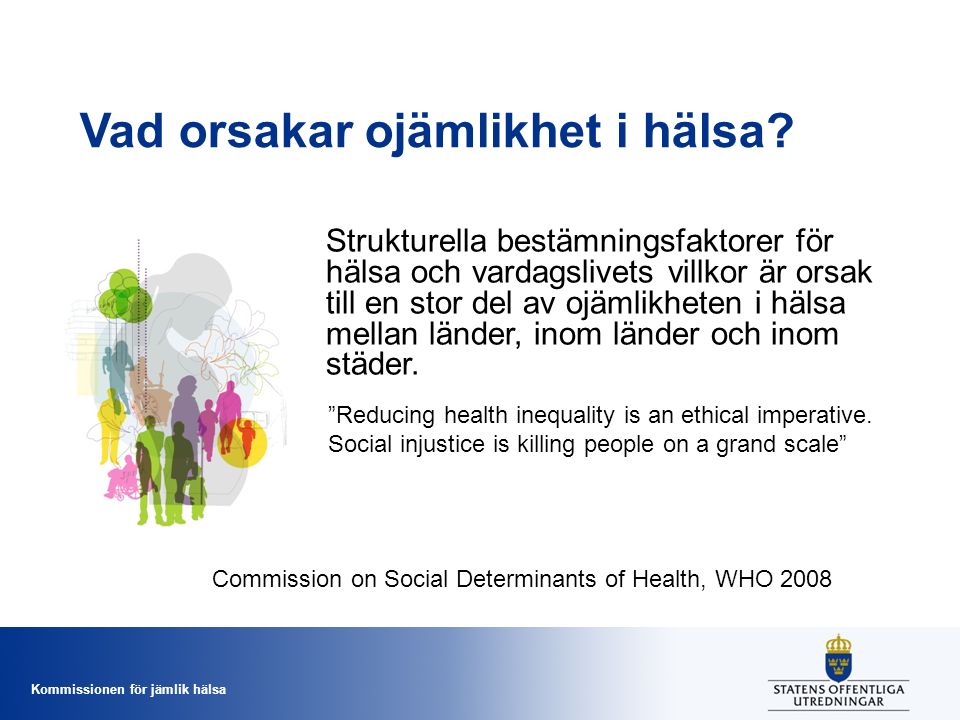Kommissionen för jämlik hälsa Strukturella bestämningsfaktorer för hälsa och vardagslivets villkor är orsak till en stor del av ojämlikheten i hälsa mellan länder, inom länder och inom städer.