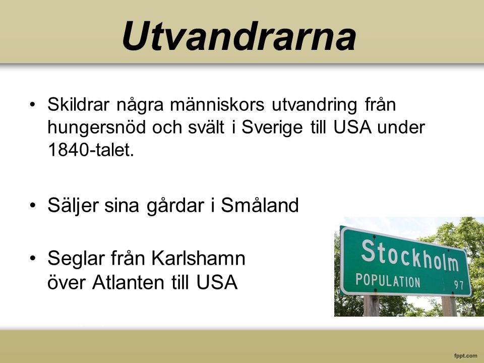 Skildrar några människors utvandring från hungersnöd och svält i Sverige till USA under 1840-talet.
