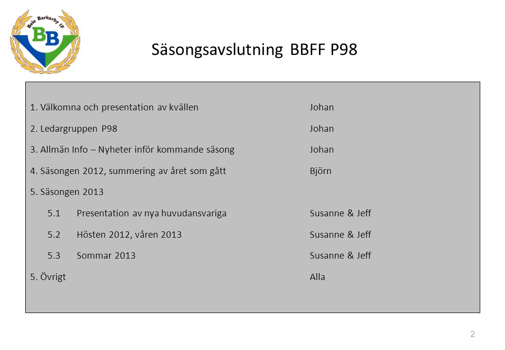 Säsongsavslutning BBFF P98 1. Välkomna och presentation av kvällen Johan 2.