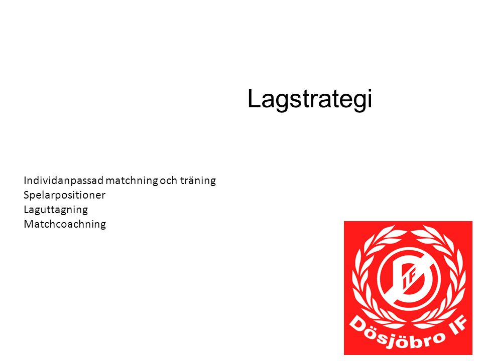 Lagstrategi Individanpassad matchning och träning Spelarpositioner Laguttagning Matchcoachning