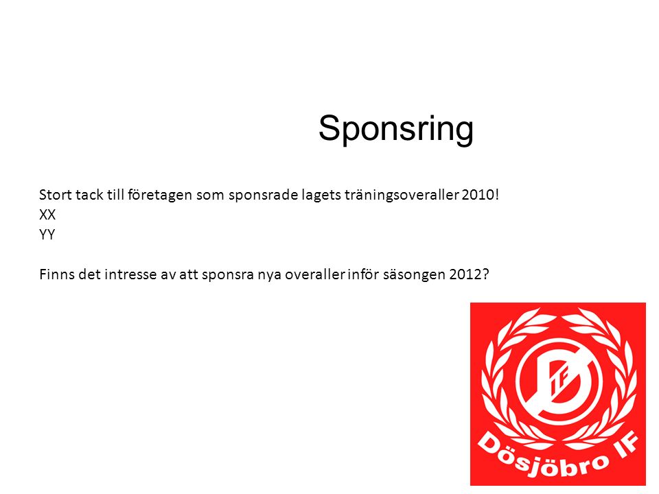 Sponsring Stort tack till företagen som sponsrade lagets träningsoveraller 2010.