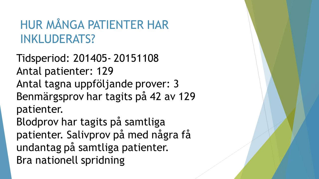 Tidsperiod: Antal patienter: 129 Antal tagna uppföljande prover: 3 Benmärgsprov har tagits på 42 av 129 patienter.