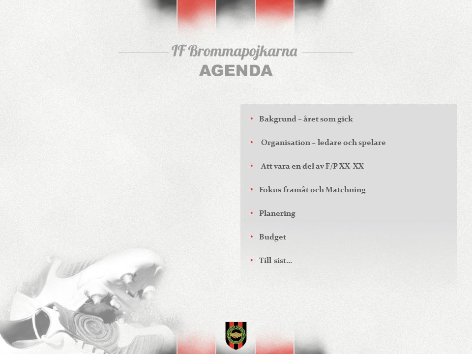 AGENDA Bakgrund – året som gick Organisation – ledare och spelare Att vara en del av F/P XX-XX Fokus framåt och Matchning Planering Budget Till sist…