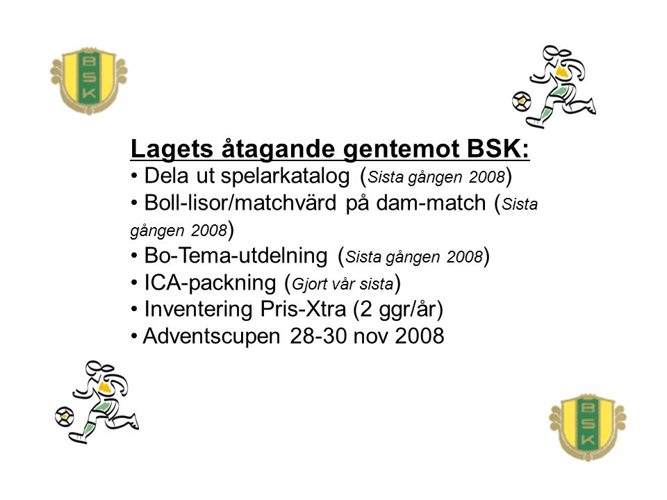Lagets åtagande gentemot BSK: Dela ut spelarkatalog ( Sista gången 2008 ) Boll-lisor/matchvärd på dam-match ( Sista gången 2008 ) Bo-Tema-utdelning ( Sista gången 2008 ) ICA-packning ( Gjort vår sista ) Inventering Pris-Xtra (2 ggr/år) Adventscupen nov 2008
