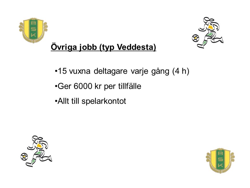 Övriga jobb (typ Veddesta) 15 vuxna deltagare varje gång (4 h) Ger 6000 kr per tillfälle Allt till spelarkontot
