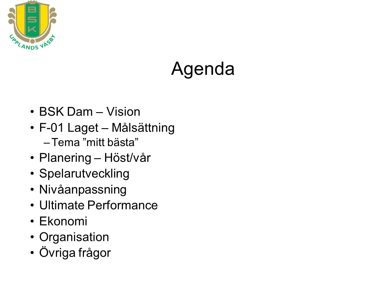 BSK Dam – Vision F-01 Laget – Målsättning –Tema mitt bästa Planering – Höst/vår Spelarutveckling Nivåanpassning Ultimate Performance Ekonomi Organisation Övriga frågor Agenda