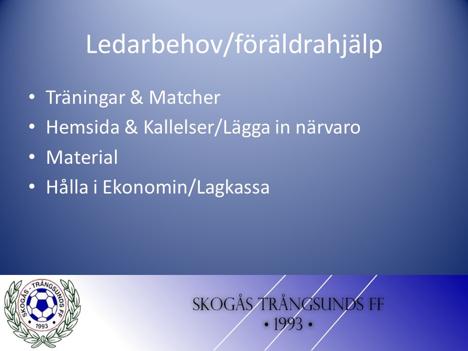 Ledarbehov/föräldrahjälp Träningar & Matcher Hemsida & Kallelser/Lägga in närvaro Material Hålla i Ekonomin/Lagkassa