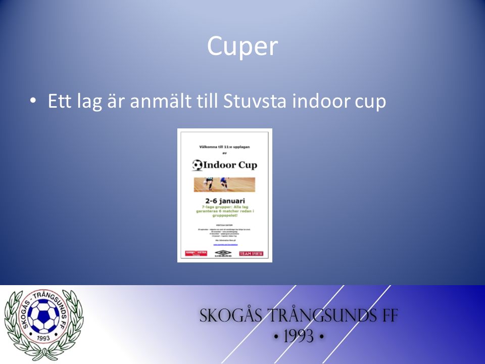 Cuper Ett lag är anmält till Stuvsta indoor cup