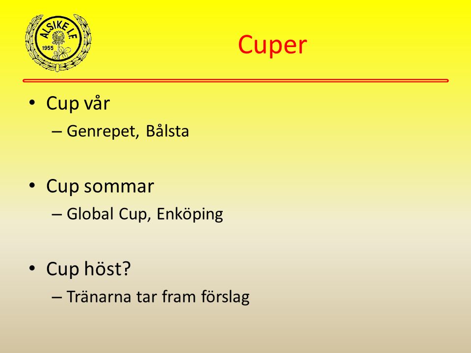 Cuper Cup vår – Genrepet, Bålsta Cup sommar – Global Cup, Enköping Cup höst.