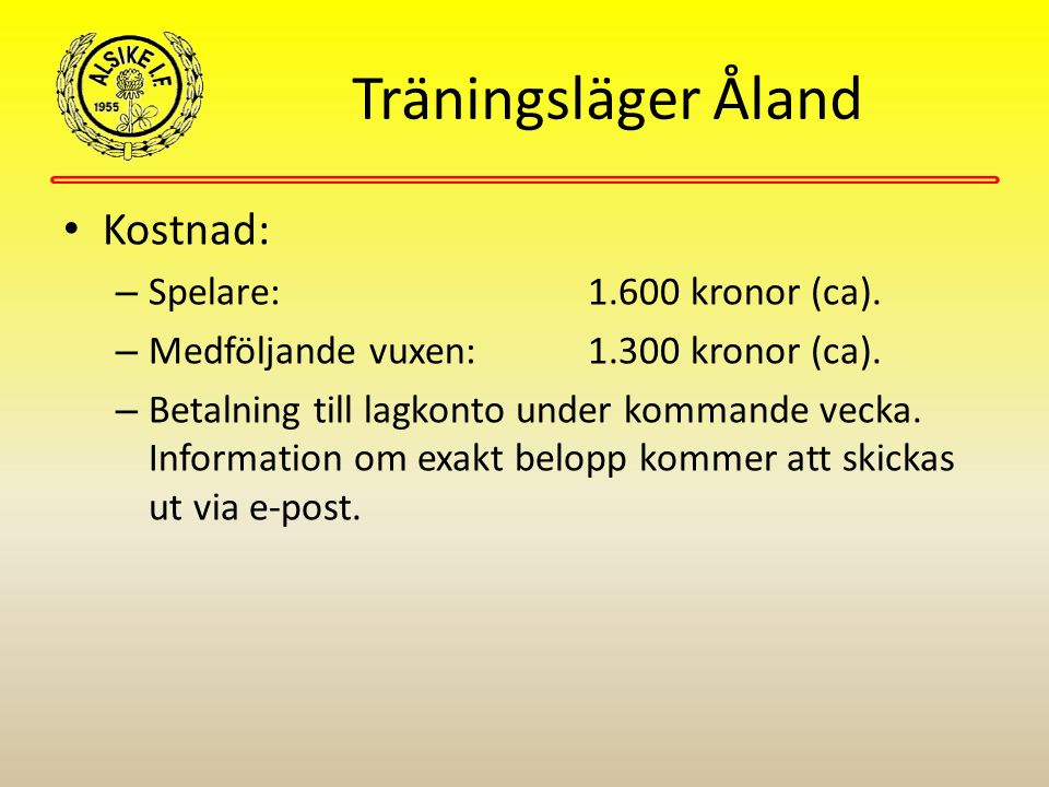 Träningsläger Åland Kostnad: – Spelare: kronor (ca).