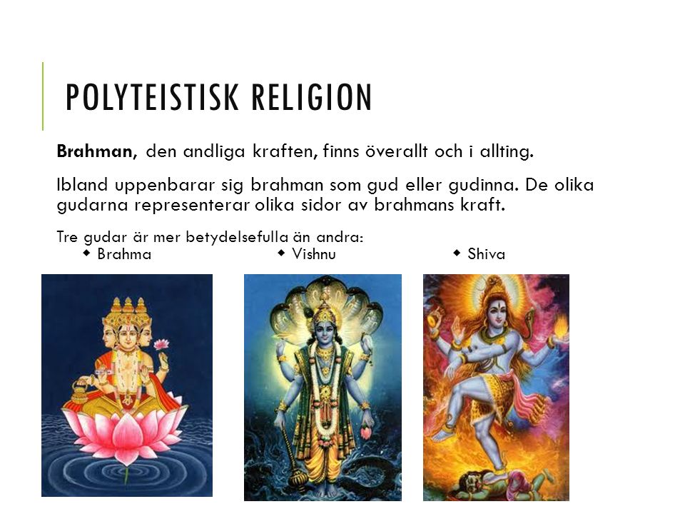 POLYTEISTISK RELIGION Brahman, den andliga kraften, finns överallt och i allting.