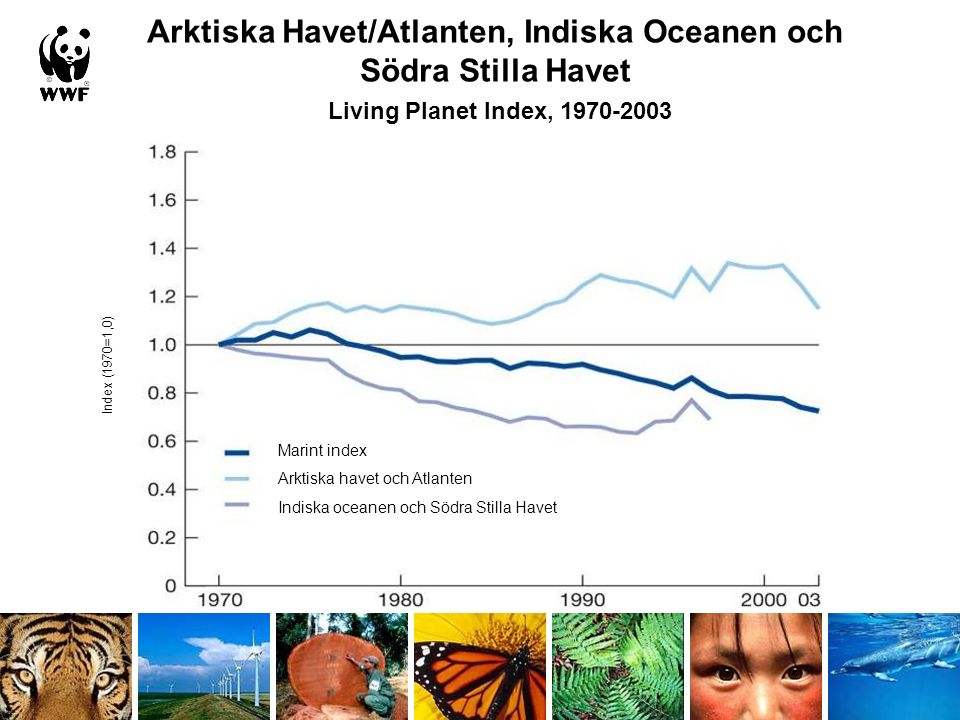 Arktiska Havet/Atlanten, Indiska Oceanen och Södra Stilla Havet Living Planet Index, Marint index Arktiska havet och Atlanten Indiska oceanen och Södra Stilla Havet Index (1970=1,0)