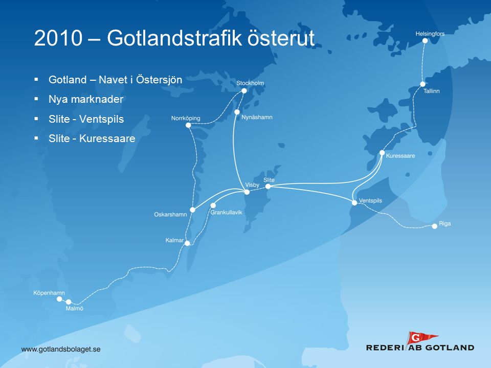2010 – Gotlandstrafik österut  Gotland – Navet i Östersjön  Nya marknader  Slite - Ventspils  Slite - Kuressaare