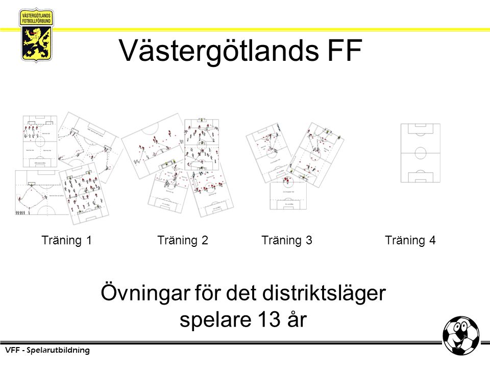 Västergötlands FF Övningar för det distriktsläger spelare 13 år VFF - Spelarutbildning Träning 1Träning 2Träning 3Träning 4
