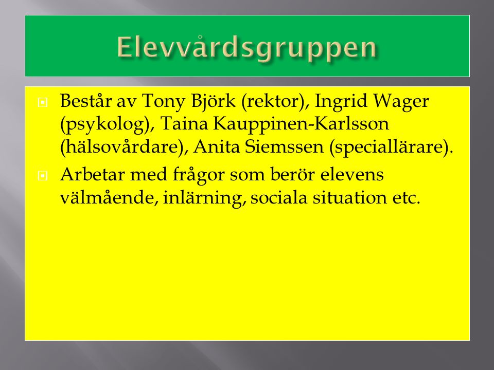  Består av Tony Björk (rektor), Ingrid Wager (psykolog), Taina Kauppinen-Karlsson (hälsovårdare), Anita Siemssen (speciallärare).