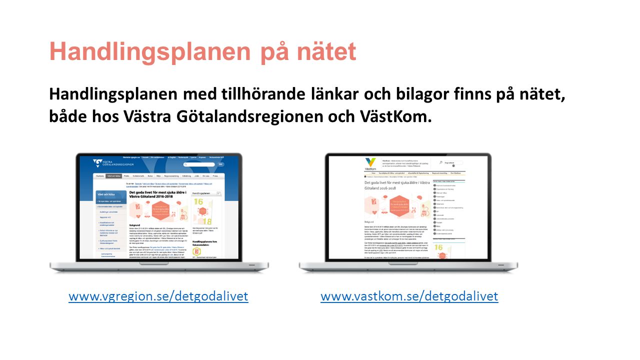 Handlingsplanen på nätet Handlingsplanen med tillhörande länkar och bilagor finns på nätet, både hos Västra Götalandsregionen och VästKom.