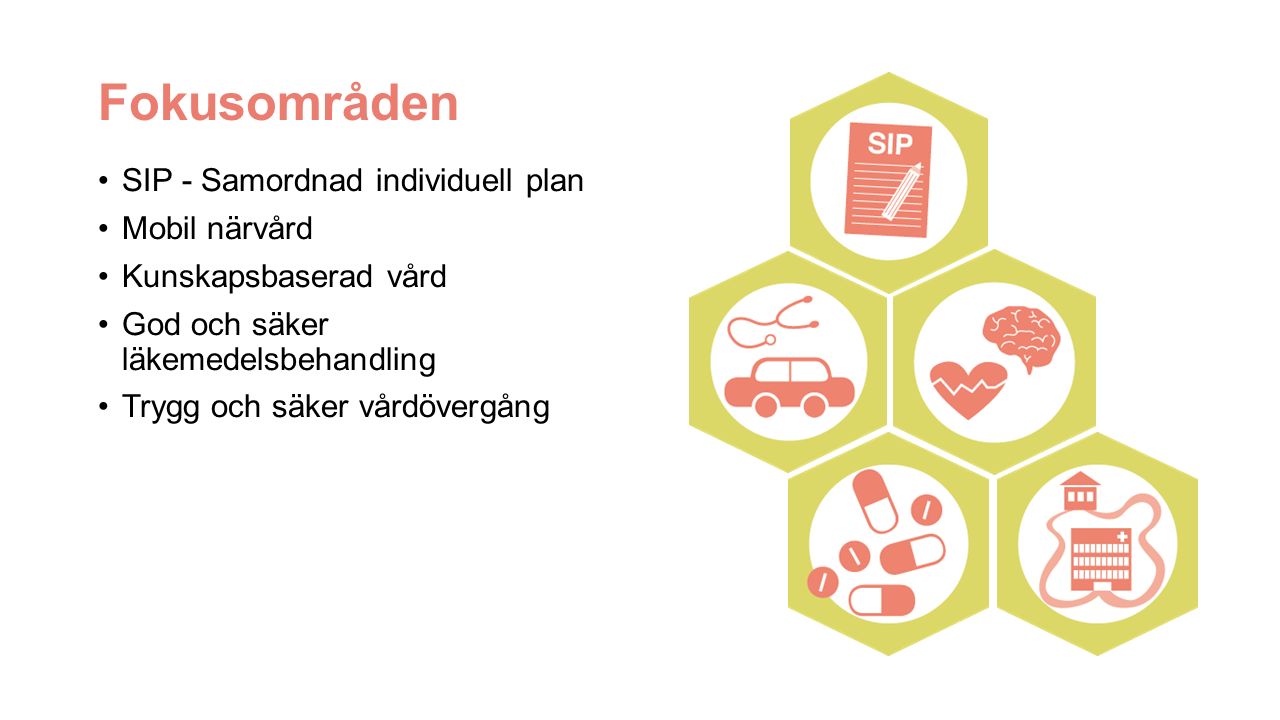 Fokusområden SIP - Samordnad individuell plan Mobil närvård Kunskapsbaserad vård God och säker läkemedelsbehandling Trygg och säker vårdövergång