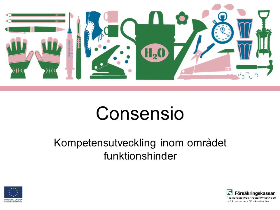 I samarbete med Arbetsförmedlingen och kommuner i Stockholms län Kompetensutveckling inom området funktionshinder Consensio