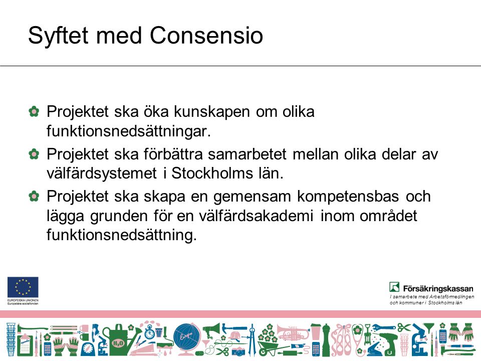 I samarbete med Arbetsförmedlingen och kommuner i Stockholms län Syftet med Consensio Projektet ska öka kunskapen om olika funktionsnedsättningar.
