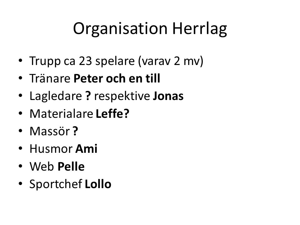 Organisation Herrlag Trupp ca 23 spelare (varav 2 mv) Tränare Peter och en till Lagledare .
