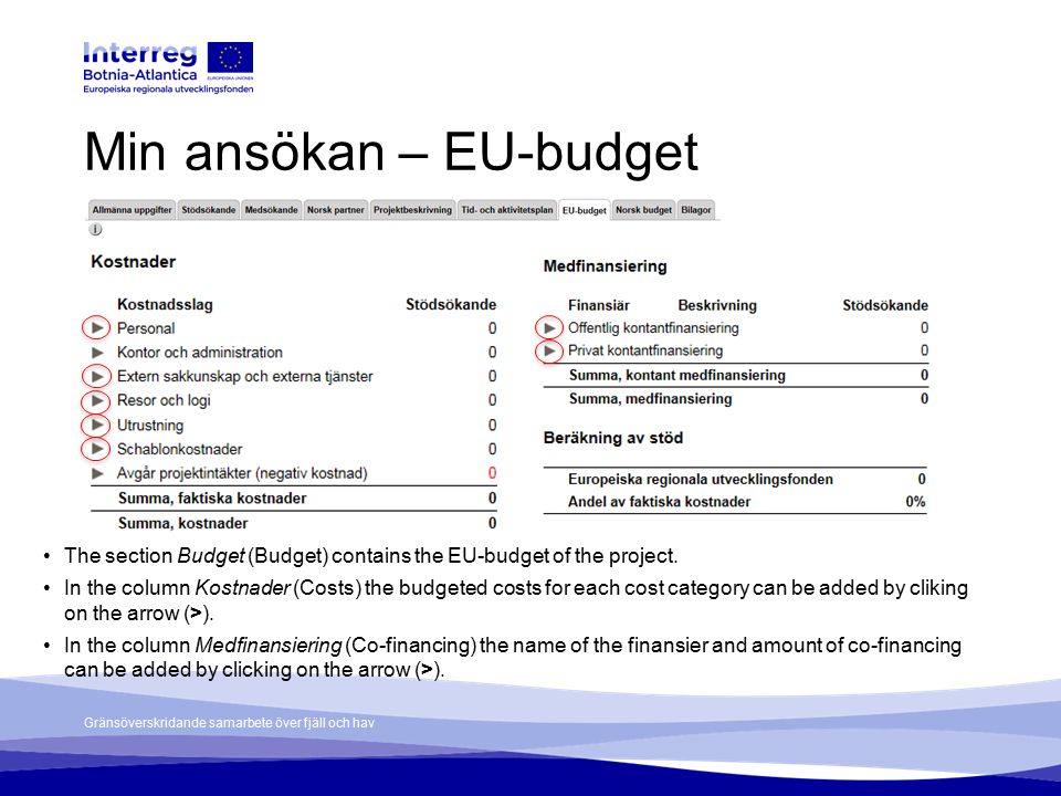 Gränsöverskridande samarbete över fjäll och hav Min ansökan – EU-budget The section Budget (Budget) contains the EU-budget of the project.