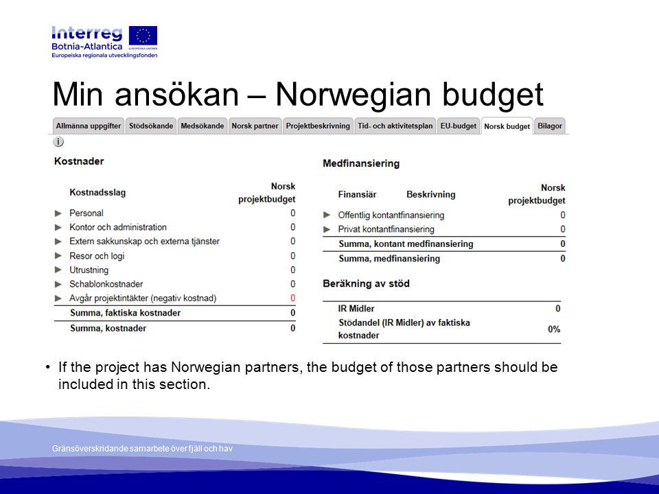 Gränsöverskridande samarbete över fjäll och hav If the project has Norwegian partners, the budget of those partners should be included in this section.