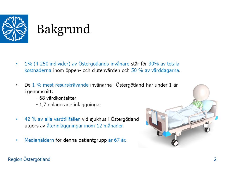 Region Östergötland 1% (4 250 individer) av Östergötlands invånare står för 30% av totala kostnaderna inom öppen- och slutenvården och 50 % av vårddagarna.