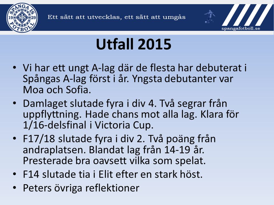 Utfall 2015 Vi har ett ungt A-lag där de flesta har debuterat i Spångas A-lag först i år.