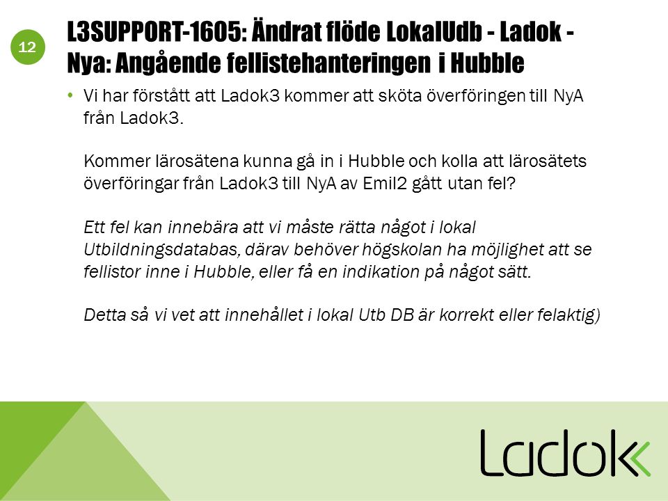 12 L3SUPPORT-1605: Ändrat flöde LokalUdb - Ladok - Nya: Angående fellistehanteringen i Hubble Vi har förstått att Ladok3 kommer att sköta överföringen till NyA från Ladok3.