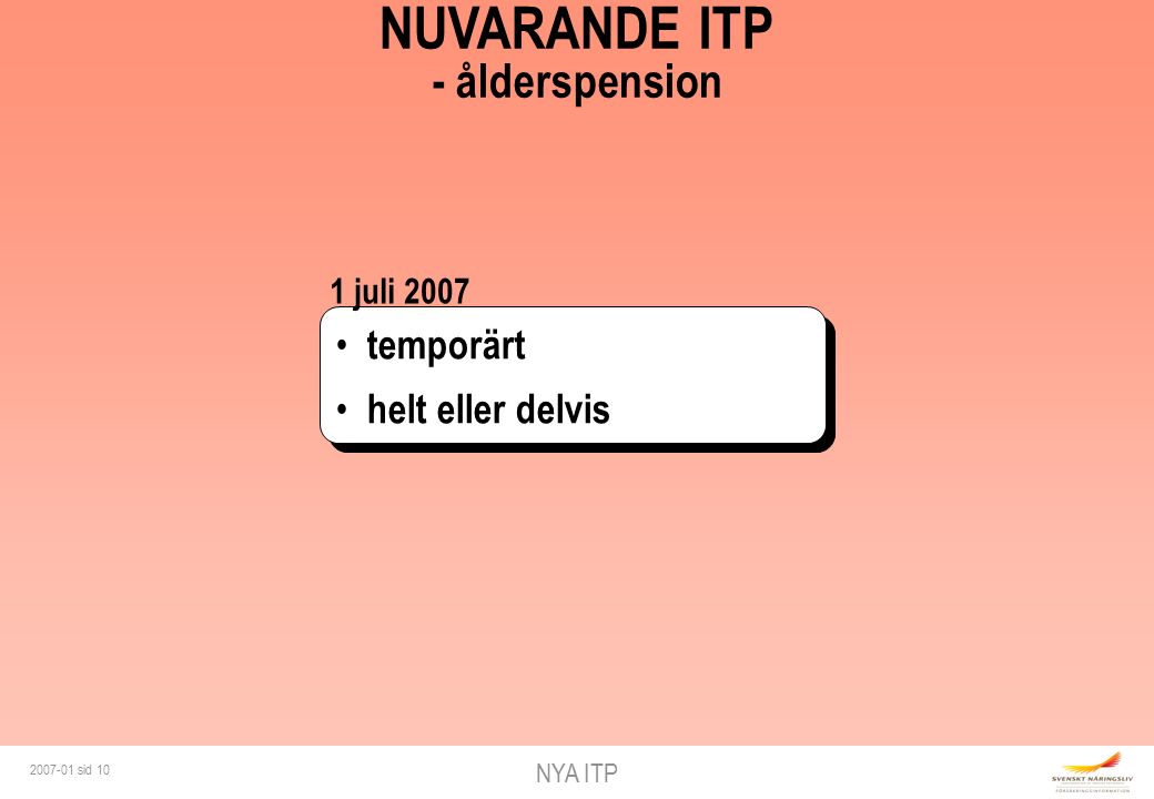 NYA ITP sid 10 NUVARANDE ITP - ålderspension temporärt helt eller delvis temporärt helt eller delvis 1 juli 2007
