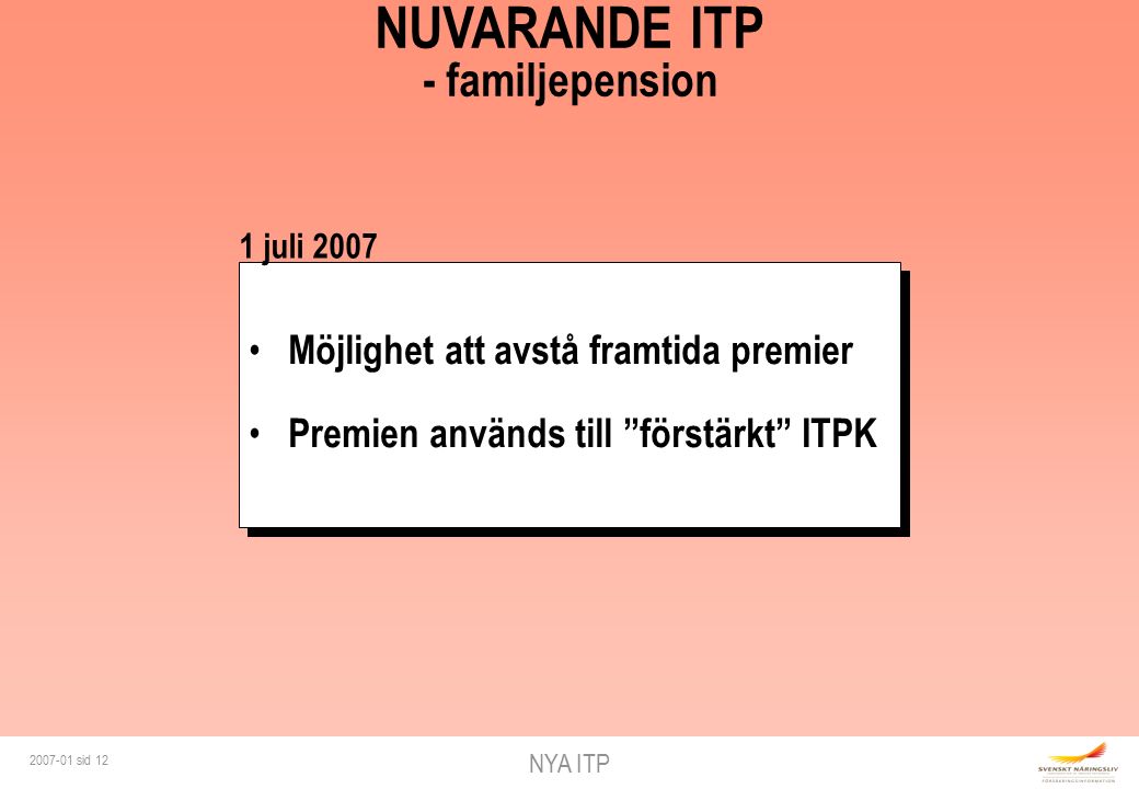 NYA ITP sid 12 Möjlighet att avstå framtida premier Premien används till förstärkt ITPK Möjlighet att avstå framtida premier Premien används till förstärkt ITPK NUVARANDE ITP - familjepension 1 juli 2007