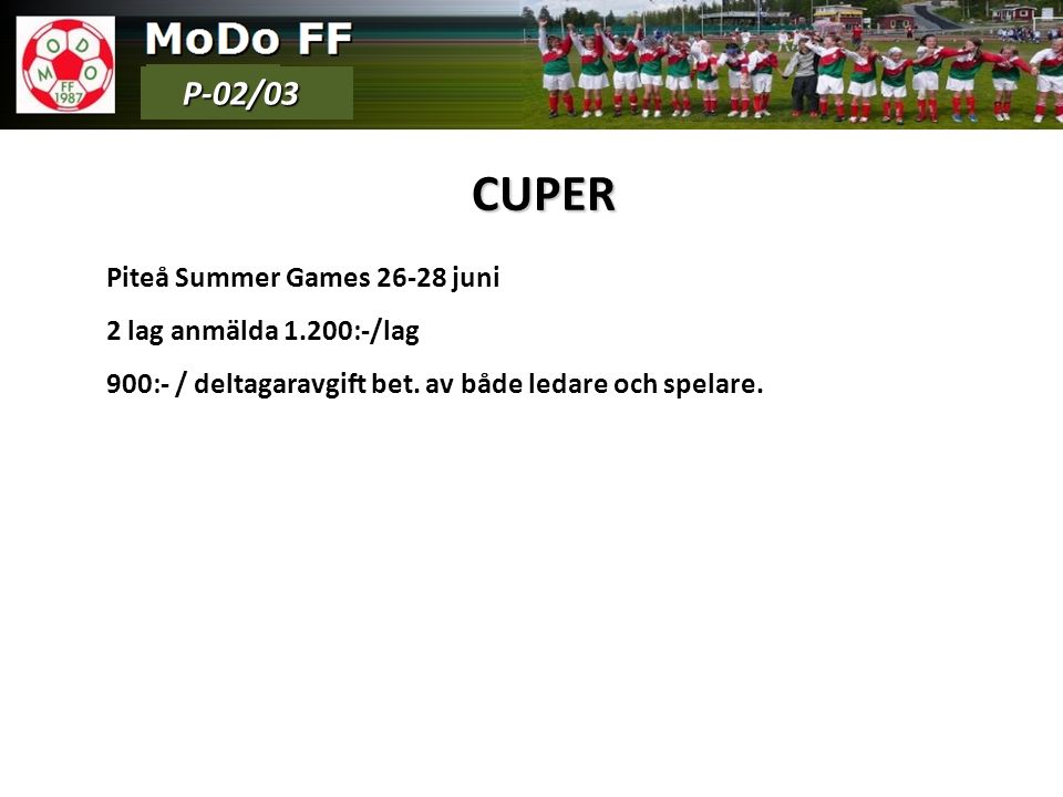CUPER Piteå Summer Games juni 2 lag anmälda 1.200:-/lag 900:- / deltagaravgift bet.