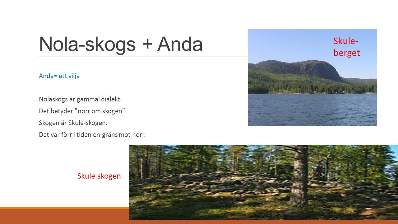 Nola-skogs + Anda Anda= att vilja Nolaskogs är gammal dialekt Det betyder norr om skogen Skogen är Skule-skogen.