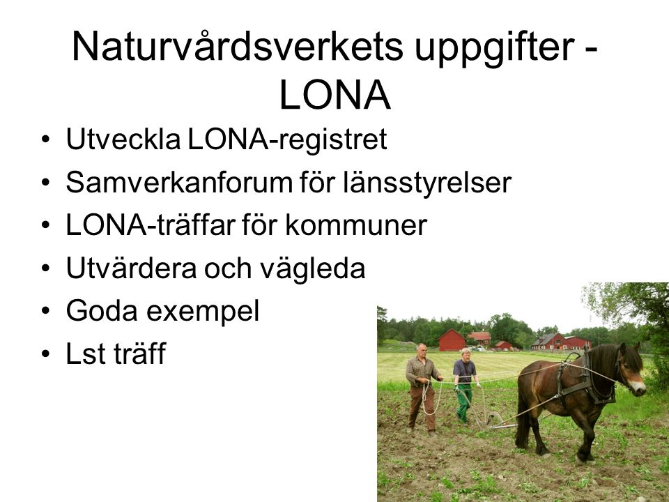 Naturvårdsverkets uppgifter - LONA Utveckla LONA-registret Samverkanforum för länsstyrelser LONA-träffar för kommuner Utvärdera och vägleda Goda exempel Lst träff