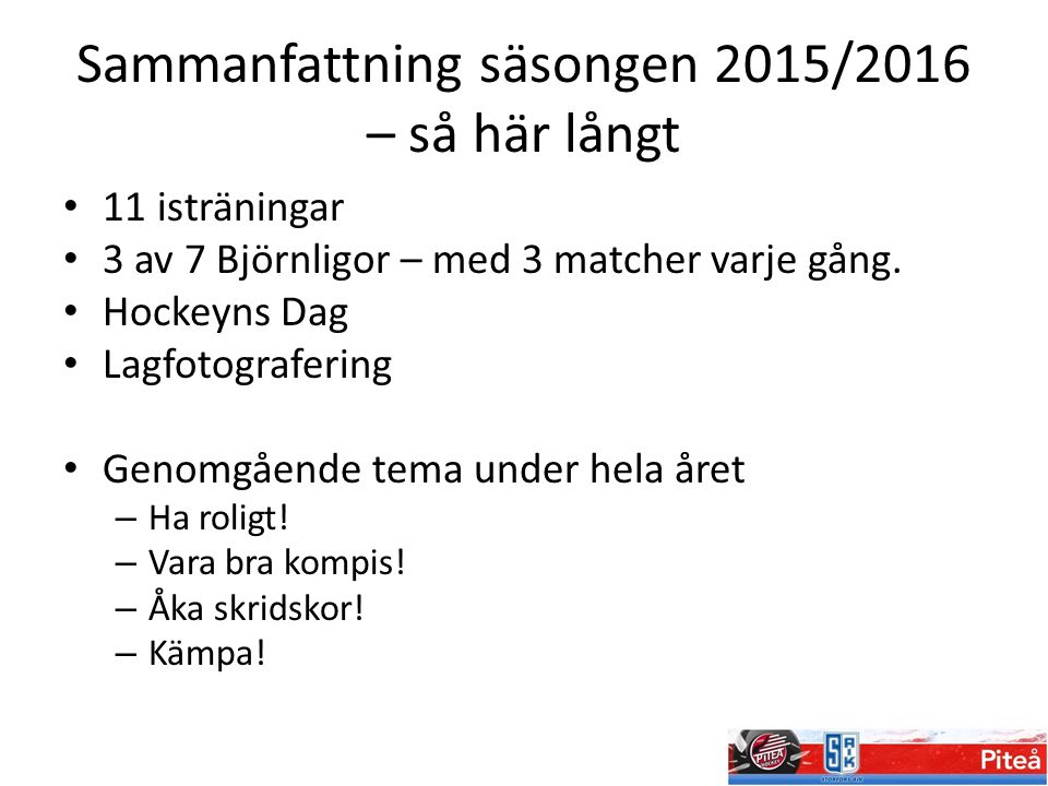 Sammanfattning säsongen 2015/2016 – så här långt 11 isträningar 3 av 7 Björnligor – med 3 matcher varje gång.