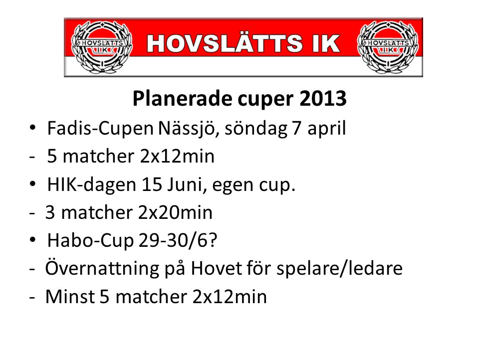 Planerade cuper 2013 Fadis-Cupen Nässjö, söndag 7 april -5 matcher 2x12min HIK-dagen 15 Juni, egen cup.