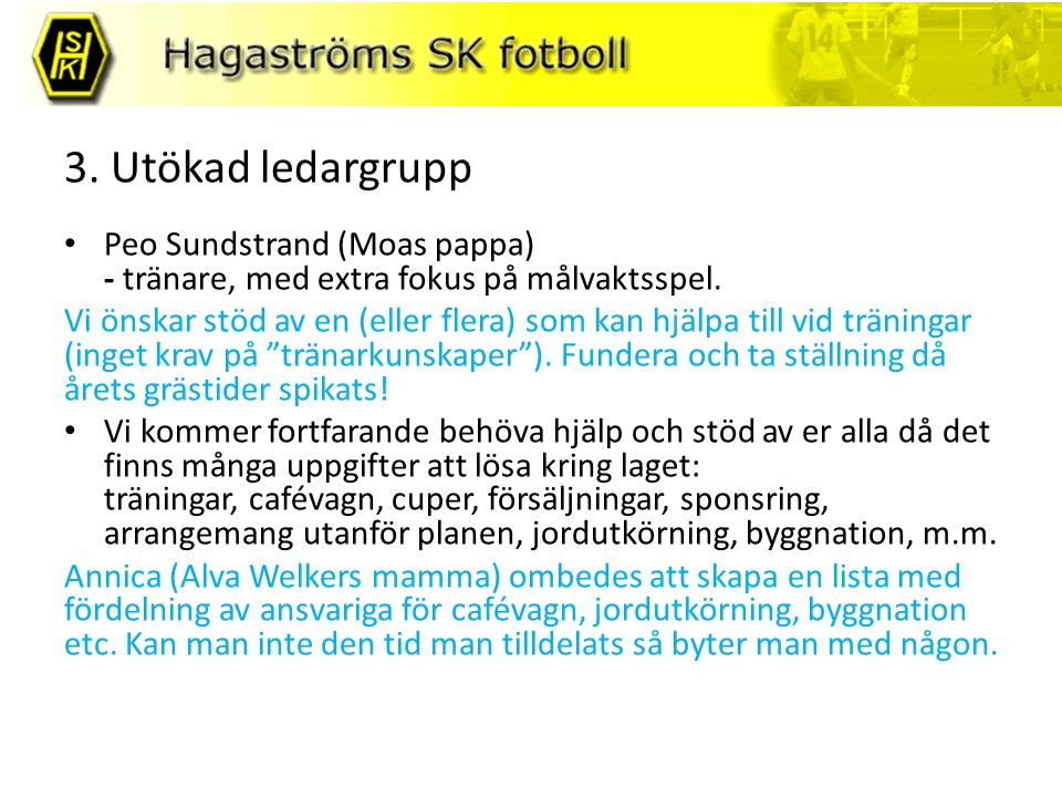 3. Utökad ledargrupp Peo Sundstrand (Moas pappa) - tränare, med extra fokus på målvaktsspel.