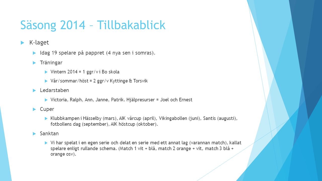 Säsong 2014 – Tillbakablick  K-laget  Idag 19 spelare på pappret (4 nya sen i somras).