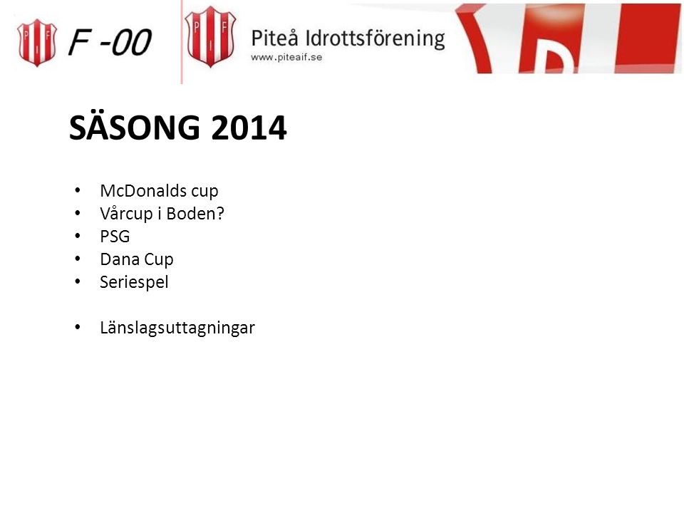 SÄSONG 2014 McDonalds cup Vårcup i Boden PSG Dana Cup Seriespel Länslagsuttagningar