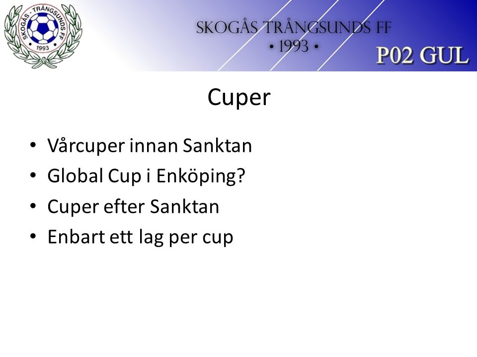 Cuper Vårcuper innan Sanktan Global Cup i Enköping Cuper efter Sanktan Enbart ett lag per cup
