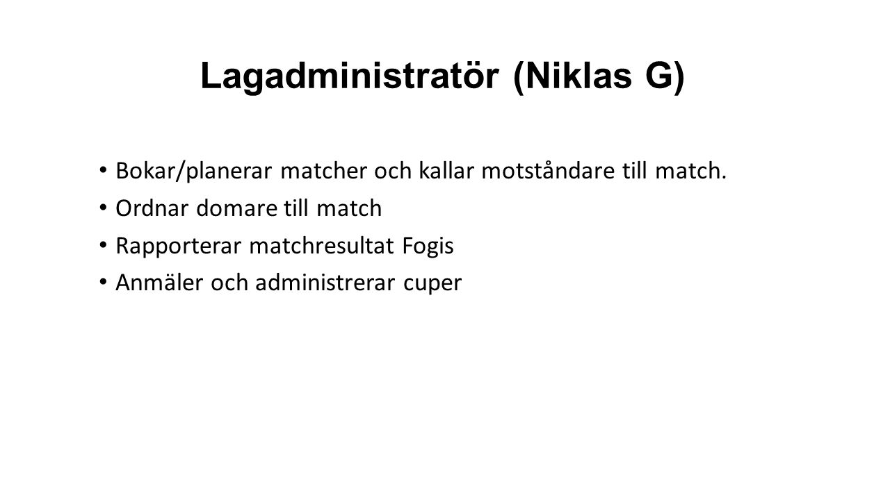 Lagadministratör (Niklas G) Bokar/planerar matcher och kallar motståndare till match.