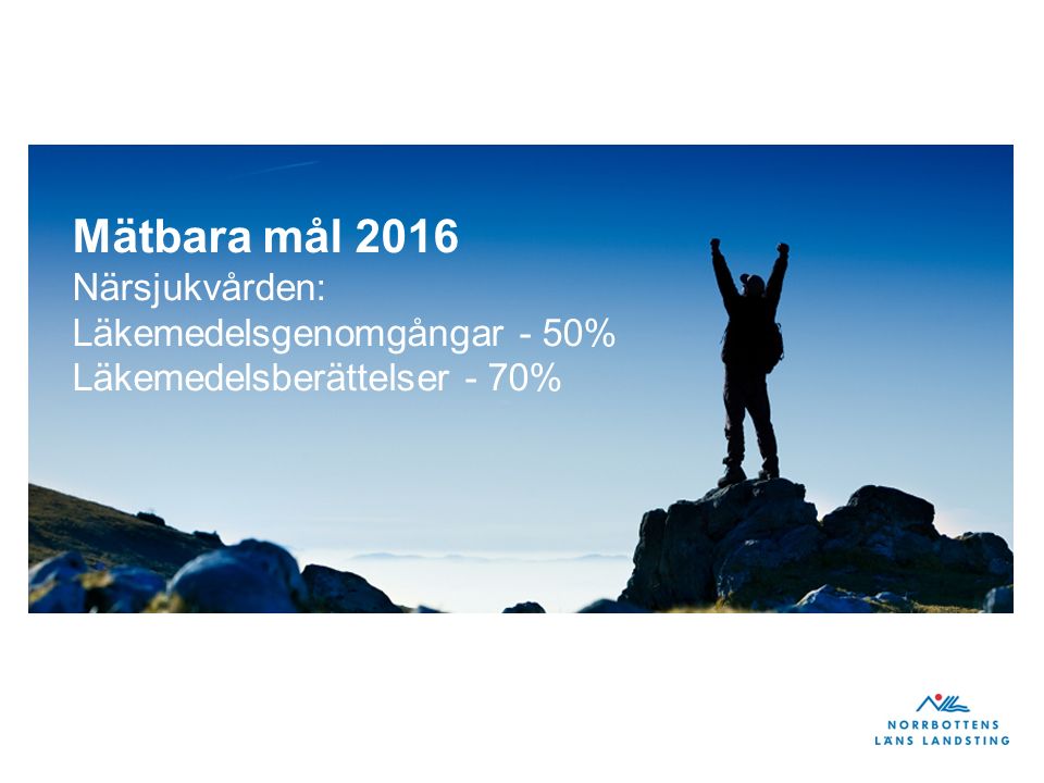 Mätbara mål 2016 Närsjukvården: Läkemedelsgenomgångar - 50% Läkemedelsberättelser - 70%