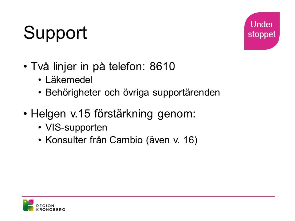 Support Två linjer in på telefon: 8610 Läkemedel Behörigheter och övriga supportärenden Helgen v.15 förstärkning genom: VIS-supporten Konsulter från Cambio (även v.