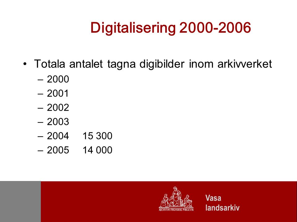 Digitalisering Totala antalet tagna digibilder inom arkivverket –2000 –2001 –2002 –2003 – –