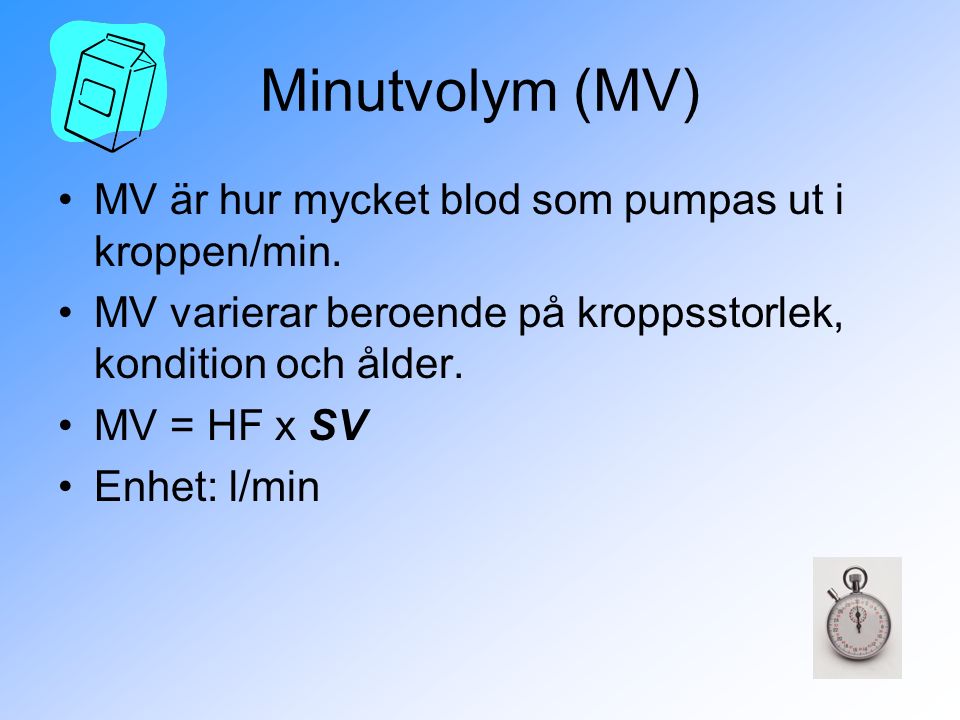 Minutvolym (MV) MV är hur mycket blod som pumpas ut i kroppen/min.