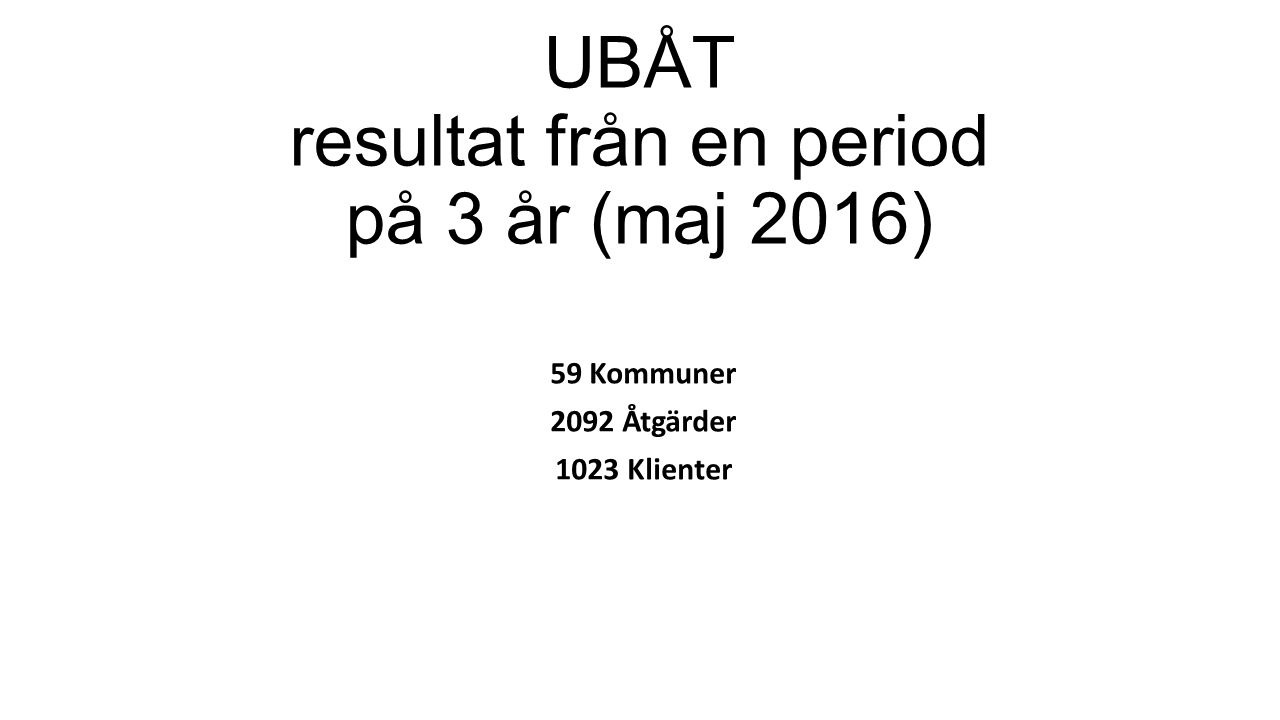 UBÅT resultat från en period på 3 år (maj 2016) 59 Kommuner 2092 Åtgärder 1023 Klienter