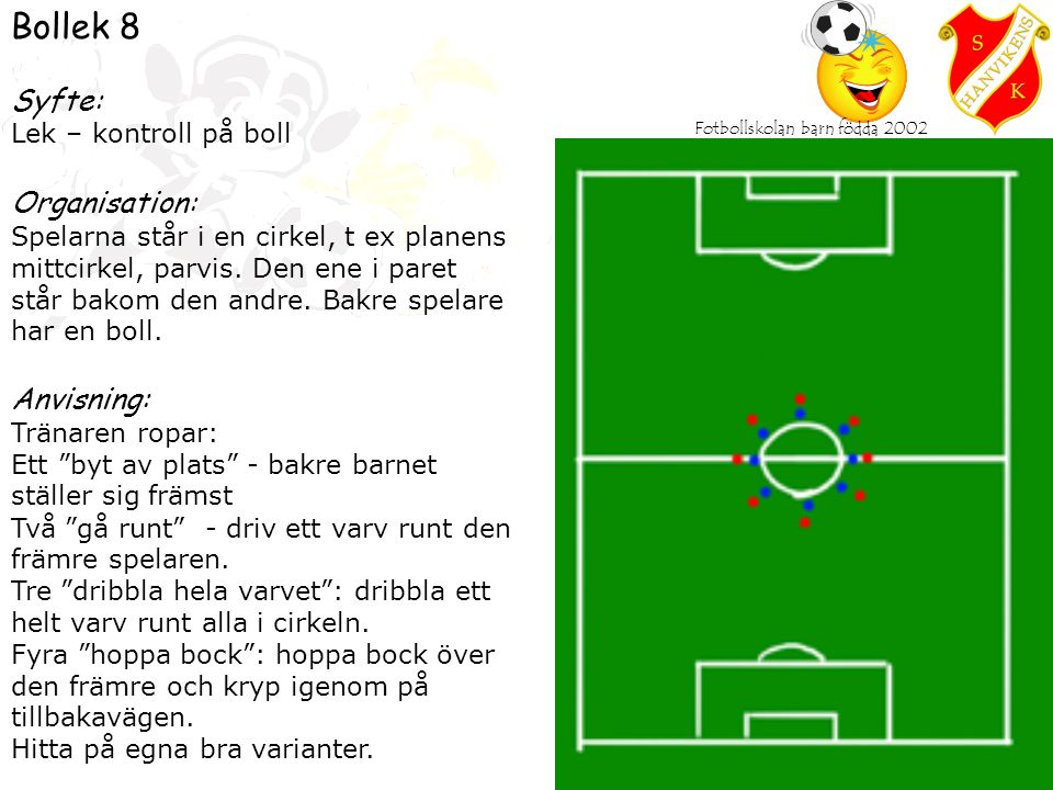 Fotbollskolan barn födda 2002 Bollek 8 Syfte: Lek – kontroll på boll Organisation: Spelarna står i en cirkel, t ex planens mittcirkel, parvis.