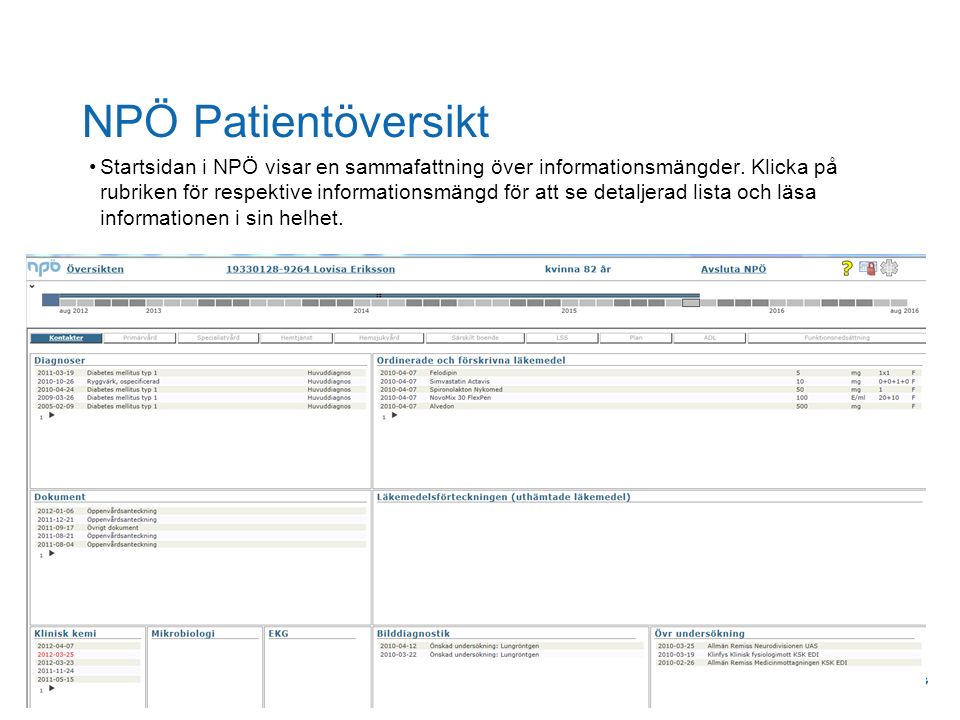 DIVISION Landstingsdirektörens stab NPÖ Patientöversikt Startsidan i NPÖ visar en sammafattning över informationsmängder.