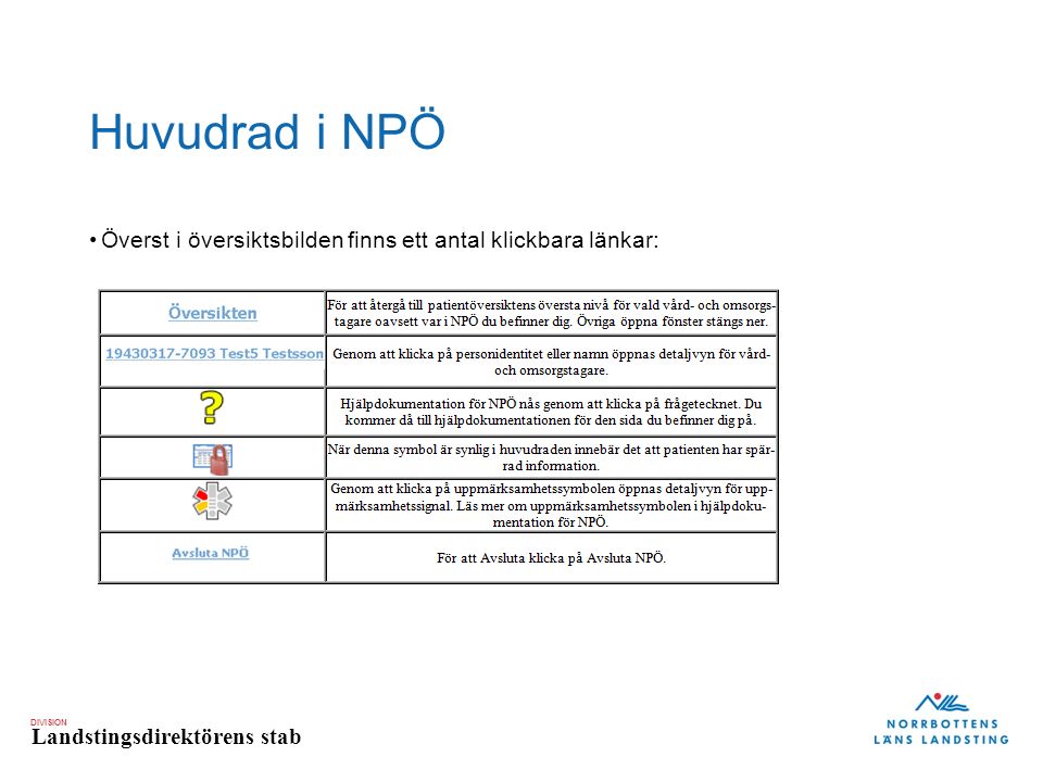 DIVISION Landstingsdirektörens stab Huvudrad i NPÖ Överst i översiktsbilden finns ett antal klickbara länkar: